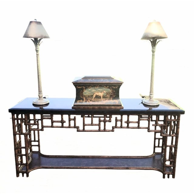 Black Vintage Chinese Chippendale Lexington Tortoiseshell Bronze Black Extra Long Tessellated Top Console Sofa Table For Sale - Image 8 of 15