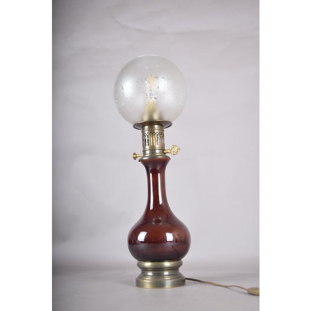 Amber-Brown Glass and Brass Table Lamp with Etched Glass Globe, 1950s For Sale - Image 17 of 18