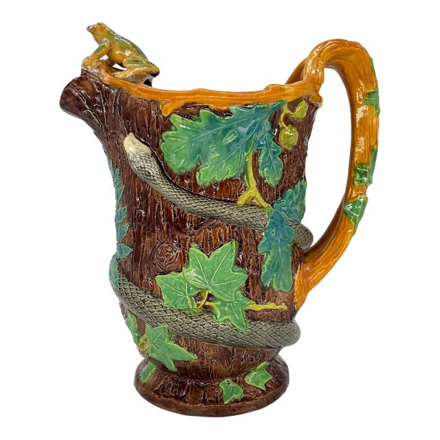 Samuel Alcock Majolica Large Ewer With Snake and Frog on Lip, English, Ca. 1855 For Sale