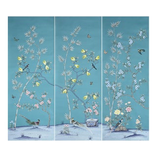 Teal Blue Chinoiserie Mural | 3-Panel Hand-Painted Floral & Bamboo Wallpaper For Sale