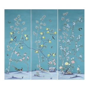 Teal Blue Chinoiserie Mural | 3-Panel Hand-Painted Floral & Bamboo Wallpaper