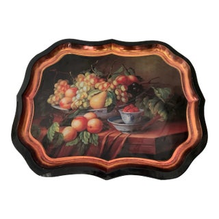 1970s Large Spanish Fruits Cornucopia "Bodegón" Still-Life Painting on Black Metal Tray With Copper Rim For Sale