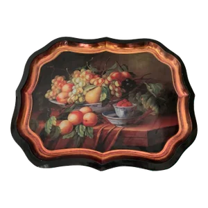 1970s Large Spanish Fruits Cornucopia "Bodegón" Still-Life Painting on Black Metal Tray With Copper Rim