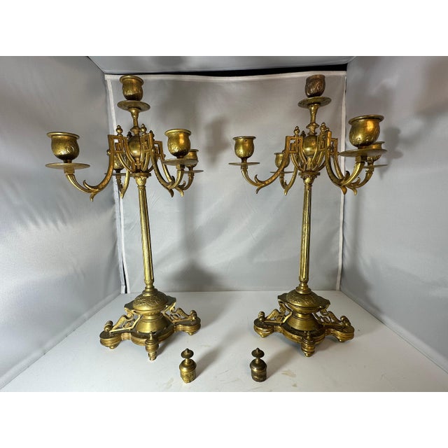 Antique Brass Candelabra Pair, Movement Gold Gilt Finish For Sale - Image 6 of 10
