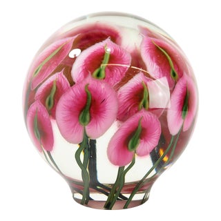 Large Signed Daniel Lotton ~ Pink Anthuriums Art Glass Orb Flowers Sculpture ~ 17lbs For Sale