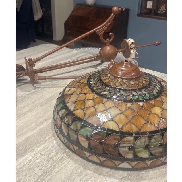 Metal Vintage Rarer Large 20” Quoizel “Inglenook”: Tiffany-Style Inverted Bowl Chandelier For Sale - Image 7 of 9