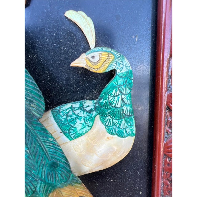 Vintage Chinese Carved Shell and Lacquer Peacock WallHang Artwork, Circa 1950’s For Sale - Image 15 of 15