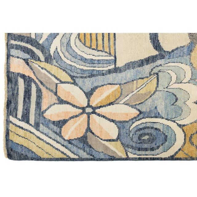 Textile Art Deco Inspired Modern Portrait Rug – 5x9 Hand-Knotted Wool in Blue and Gold For Sale - Image 7 of 9