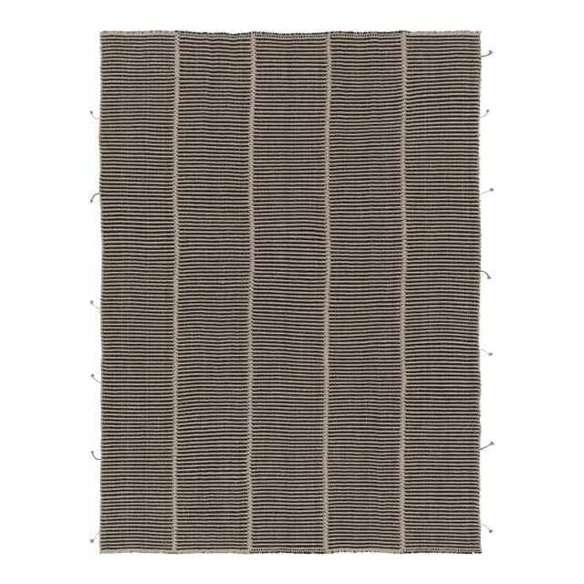 Rug & Kilim’s Contemporary Kilim, Beige with Black Textural Stripes For Sale