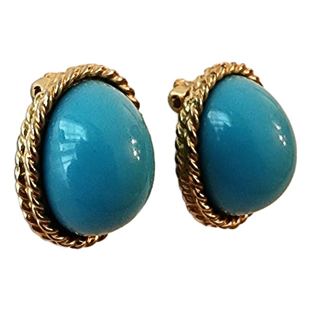 1970s Les Bernard Turquoise Cabochon and Gold Earrings, A Pair For Sale