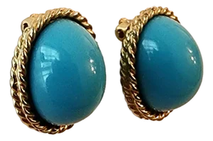 1970s Les Bernard Turquoise Cabochon and Gold Earrings, A Pair