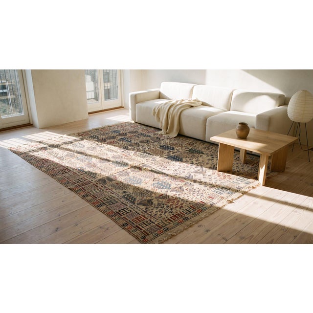 Ivory 1900s Ivory Geometric Kilim Antique Caucasian Verneh Rug 5' 10" X 5' 10" Flatweave Wool Carpet For Sale - Image 8 of 9