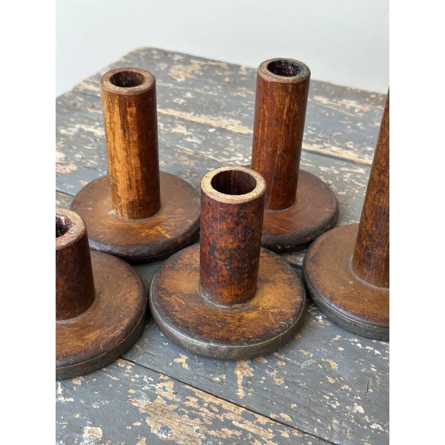 Vintage Folk Art Repurposed Textile Spool Candleholders, Set of Five, Circa 1950s For Sale - Image 9 of 10