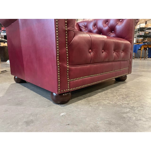 Pair of Custom Burgundy Leather Tufted Chesterfield Club Chairs For Sale - Image 9 of 12