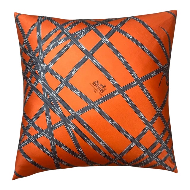 Hermes Bolduc Ribbon Orange Vintage Silk Scarf Pillow For Sale