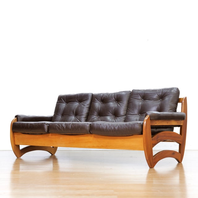 1970s Brown Leather Sofa Teak Sculptural Form For Sale - Image 15 of 15