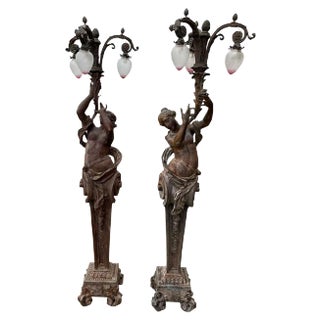 Large Bronze Torchère Figurative Lamps, 1920s, Set of 2 For Sale