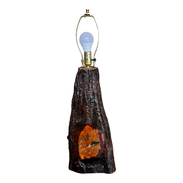 Mid 20th Century Adirondack Cabin Rustic Style Handmade Burl Wood Table Lamp Bark Clock Lacquered For Sale