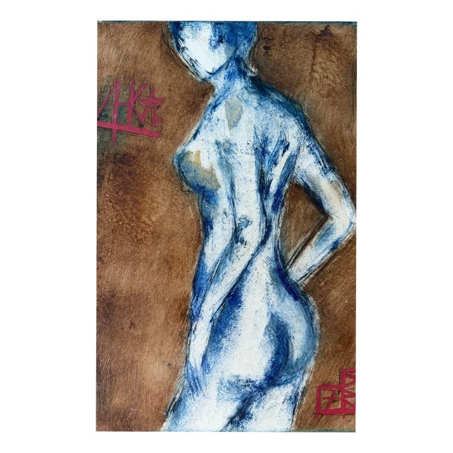 Neo-Expressionism Standing Female Nude Blue Wild at Its Finest, 1980s, Oil Painting on Canvas For Sale