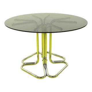 Round Smoked Glass Table with Chrome Tubular Structure For Sale