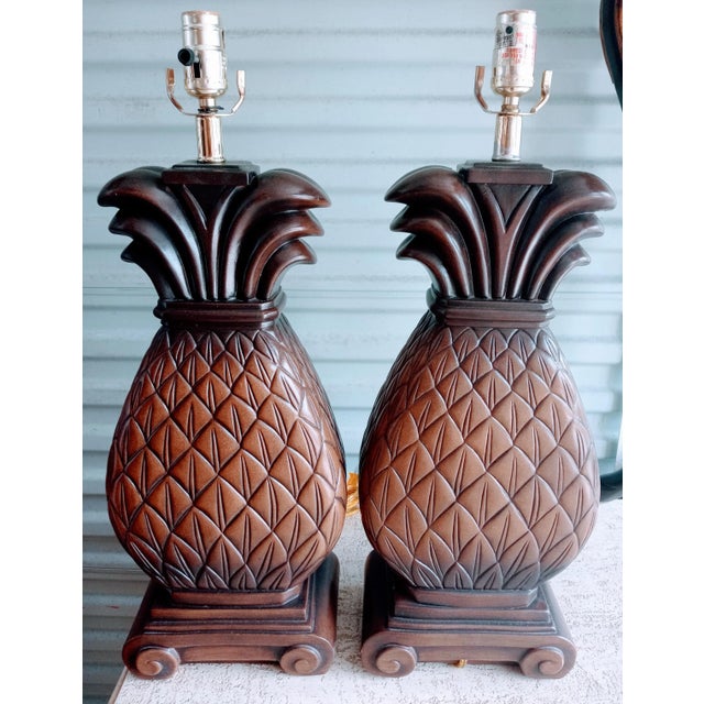 Vintage Ceramic Faux Boise Pineapple Dark Brown Table Lamps- a Pair For Sale In West Palm - Image 6 of 6