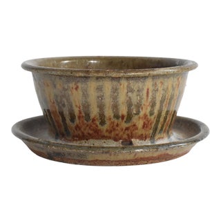 Vintage Studio Pottery Earthenware Planter Pot With Saucer For Sale