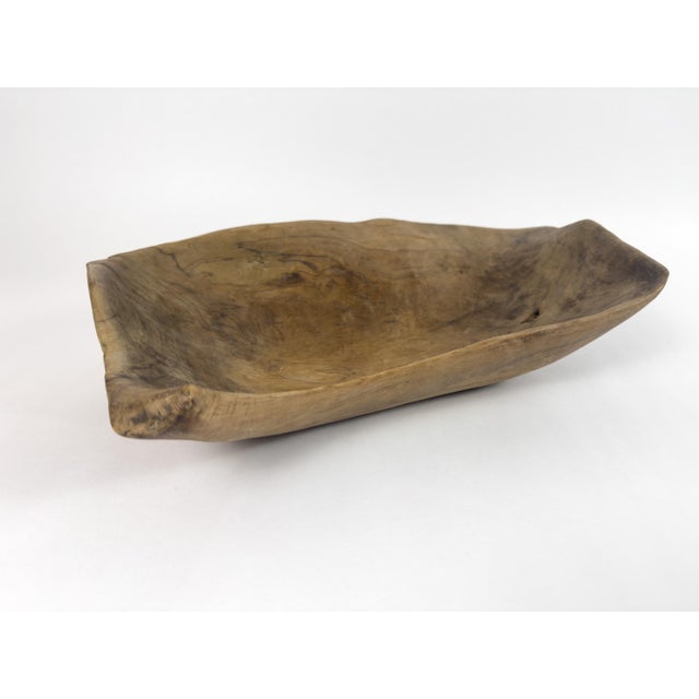 Brown Vintage Hand-Carved Wooden Trough Bowl – Sculptural Rustic Centerpiece With Natural Patina For Sale - Image 8 of 18