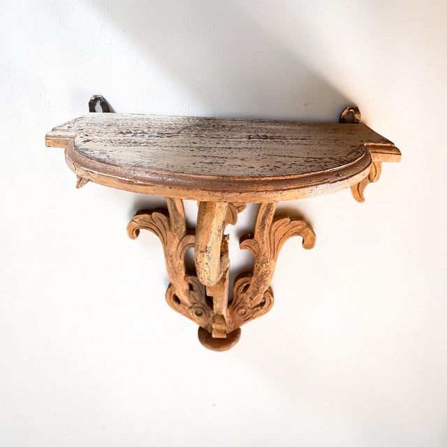 1960s Vintage Italian Florentine Rococo Carved Wood Demilune Wall Bracket Shelf For Sale - Image 5 of 7