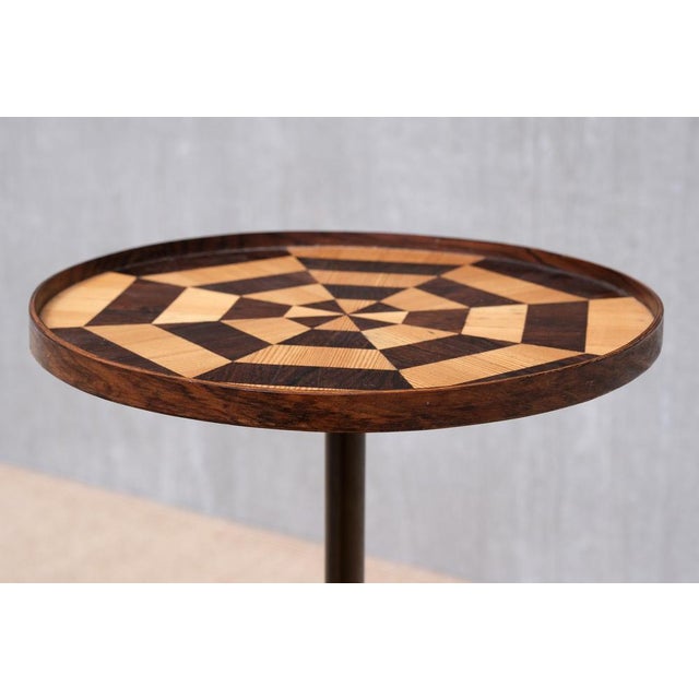 Danish Cabinetmaker Bronze Pedestal Table with Radial Marquetry Top, 1950 For Sale - Image 4 of 11