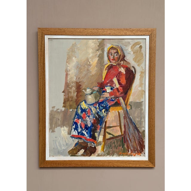 Original Vintage Swedish Oil on Panel – “Woman with Broom and Teapot” by Svan Wallquist – Signed – Newly Framed – 71 × 60...