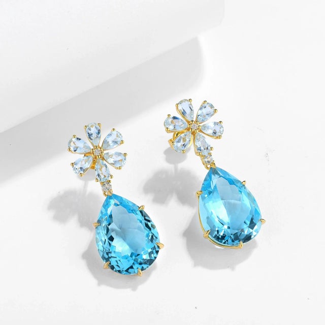 Nina Zhou Jewelry Nina Zhou Aquamarine Diamond Blossom Topaz Drop Earrings in 14k Gold - a Pair For Sale - Image 4 of 7