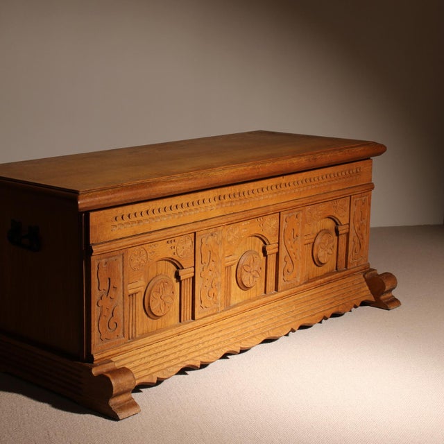 Carved Oak Chest with Decorative Front, Germany, 1970s For Sale - Image 6 of 12