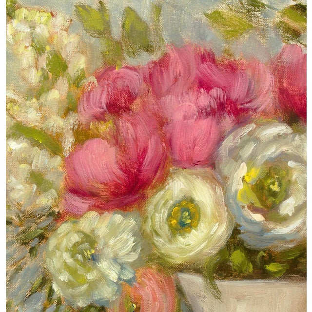 Shabby Chic Original Oil Painting, Peonies in Pink, in Antique Pitcher, 12 X 12 Framed to 14 X 14 For Sale - Image 3 of 4