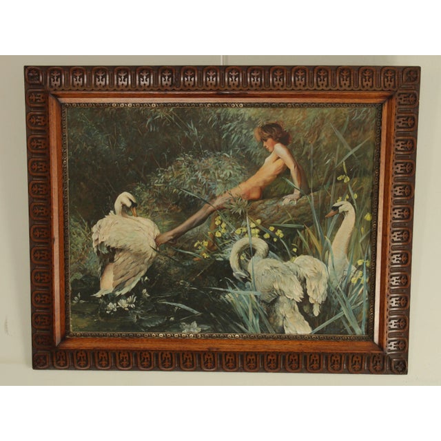 High Quality Landscape of Nude Woman by Pond with Swan Beautiful Period Frame Philadelphia / Oreland Area Artist.