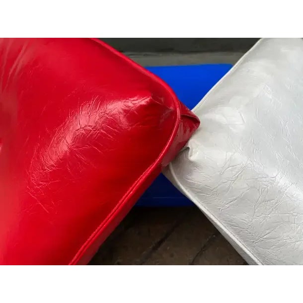 1970s Red, White & Blue Stacked Pillows Ottoman on Wheels - Set of 3 For Sale - Image 9 of 11