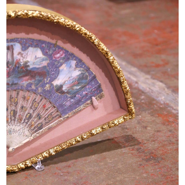 French 19th Century French Hand-Painted Fan With Carved Bone Handle in Frame For Sale - Image 3 of 9