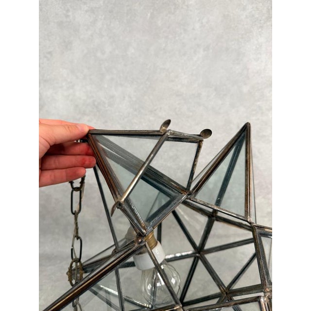 Early 20th Century Moravian Star Glass and Brass Pendant Light For Sale - Image 9 of 12