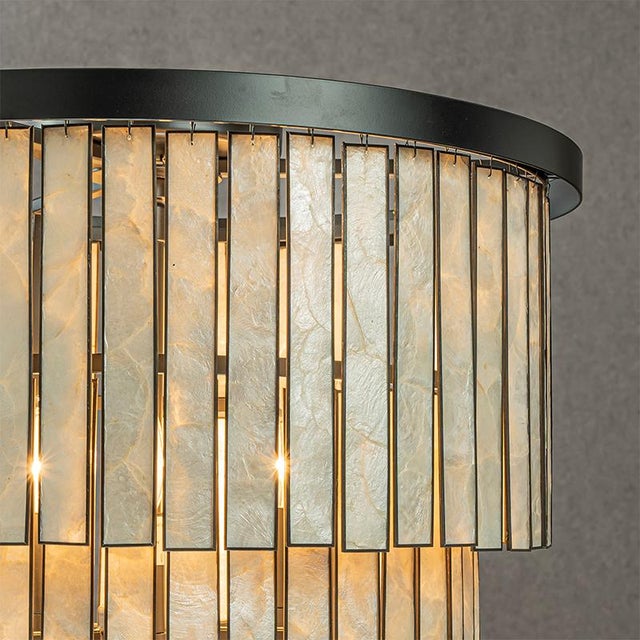 Aloadecor Matte Black Coastal Natural Capiz Round Flush Mount 5-Light Modern Ceiling Light Fixture For Sale - Image 4 of 5