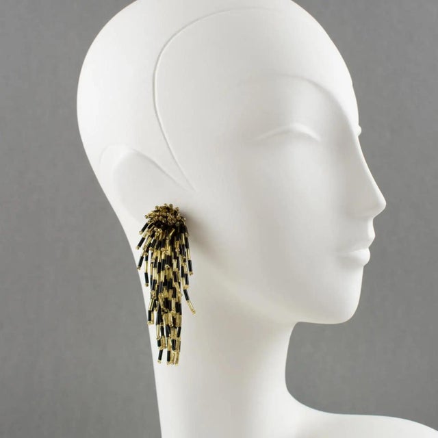 Black Waterfall Black and Gold Glass Beaded Dangle Clip Earrings For Sale - Image 8 of 8
