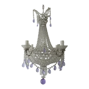 1940s Italian Completely Beaded Basket Lavender Purple Chandelier, Circa 1920