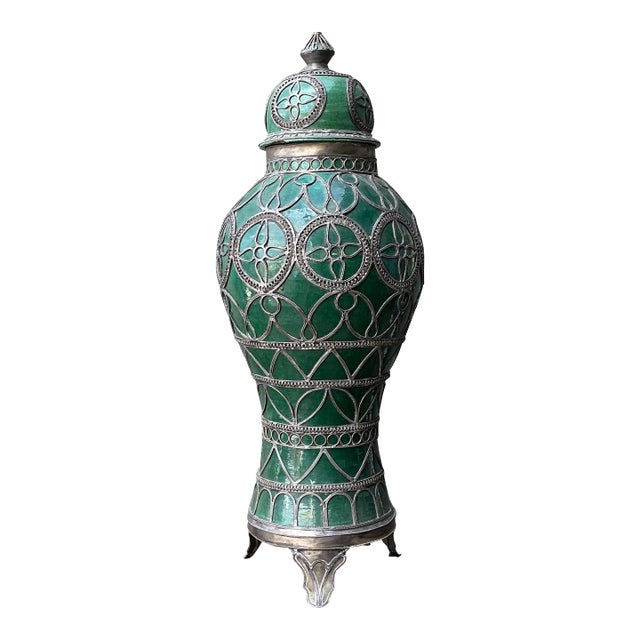 Vintage Moroccan Glazed Ceramic Lidded Urn For Sale