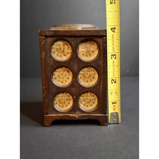 Antique Arcade Cast Iron World Times Clock Still Bank Original Paper Insert C. 1910 For Sale - Image 14 of 15