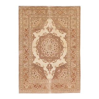 Antique Tabriz Handmade Tan Floral Scatter Wool Rug For Sale