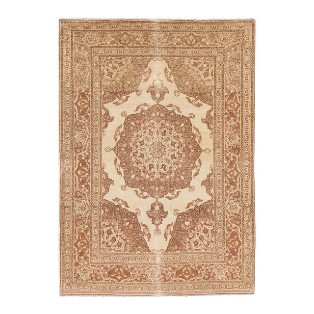 Antique Tabriz Handmade Tan Floral Scatter Wool Rug For Sale