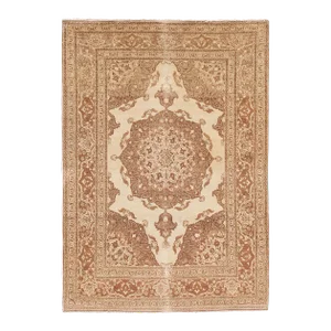Antique Tabriz Handmade Tan Floral Scatter Wool Rug