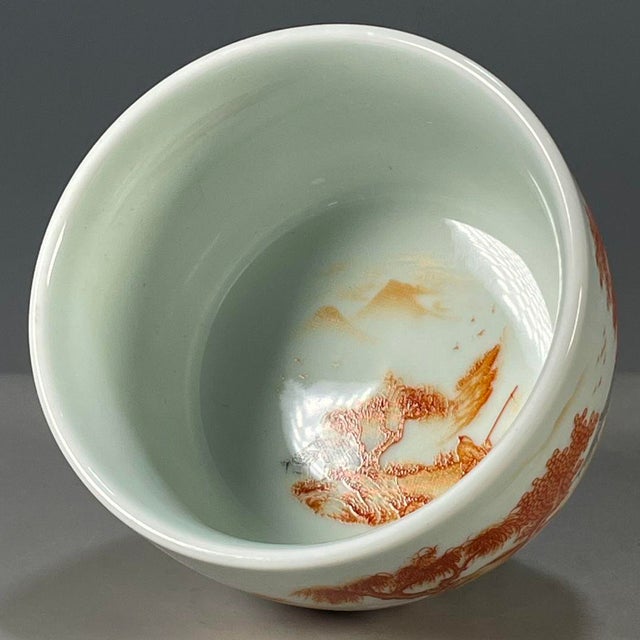 Ceramic Vintage Blue & White Underglaze Red Porcelain Teacup – Landscape Scene, Qianlong Mark For Sale - Image 7 of 9