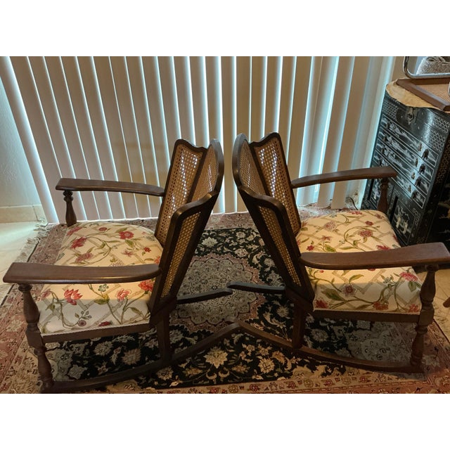 Mid 20th Century Pair of Vintage Cane‑Back Floral Rocking Armchairs For Sale - Image 5 of 12