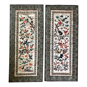 Vintage Chinoiserie Silk Embroidered Tapestry Panels - a Pair