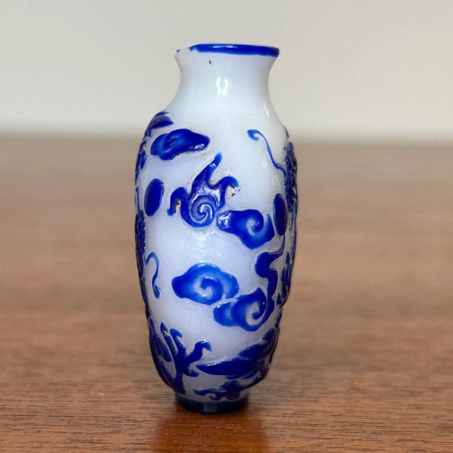 Asian Style Early 20th Century Chinese White Peking Glass Blue Overlay Carved Dragon Snuff Bottle For Sale - Image 4 of 10