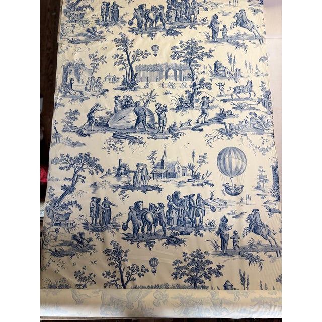 Vintage Approximately 10 Yards of Cream and Blue Toile Fabric. For Sale In Philadelphia - Image 6 of 6